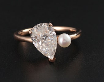 Toi Et Moi Engagement Ring 14K Solid Yellow Gold Ring Two Stone Wedding Ring Pear Cut and Pearl Moissanite Ring Promise Ring Gift for Her