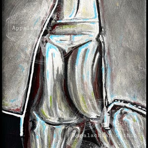 May include: Abstract painting with a focus on the human form. The artwork features a grayscale palette with accents of blue and red. The text "Appalachian Gothic" is visible in the image.