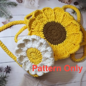 Patrón ÚNICO: Bolso bandolera de crochet de tamaño grande con margaritas y girasoles para niñas y adultas, bolso de hombro de crochet hecho a mano