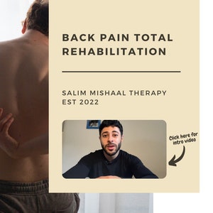 May include: A beige and brown graphic with the text "Salim Mishaal Therapy" and "Back Pain Total Rehabilitation". The graphic also includes a photo of a man with a beard and a black shirt, and the text "Salim Mishaal Therapy Est 2022".