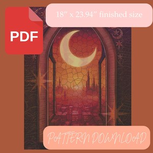 May include: A digital download pattern for a stained glass window design featuring a crescent moon, a cityscape, and a sunset. The finished size is 18 inches by 23.94 inches.