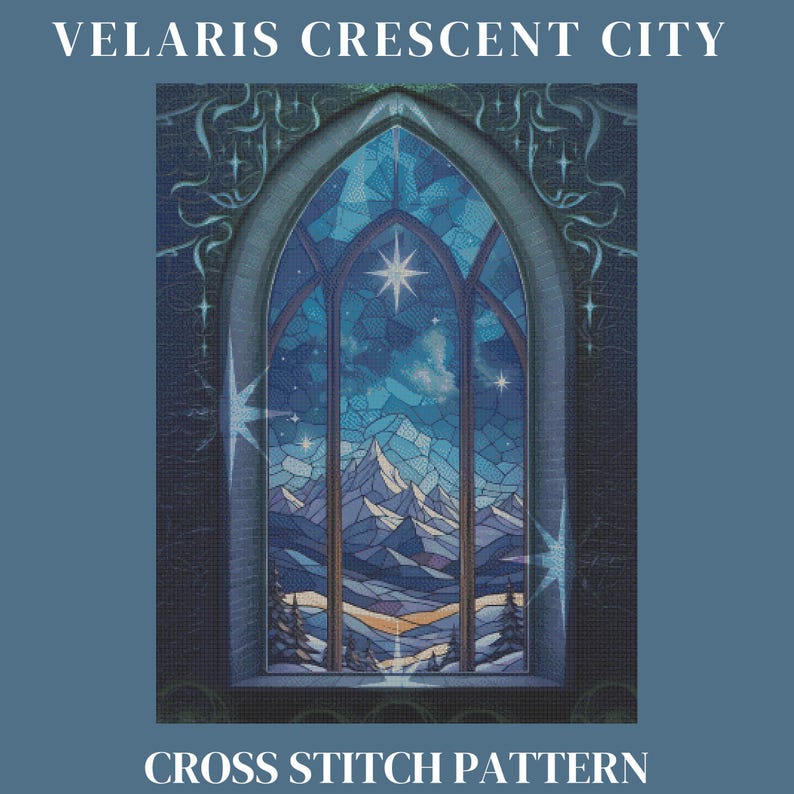 May include: Cross stitch pattern of a stained glass window depicting a night sky with a star, mountains, and a forest. The window is framed in dark blue and has a gothic arch.