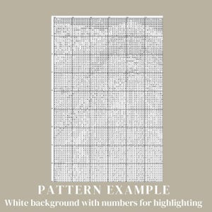 May include: A black and white cross stitch pattern with numbers for highlighting. The pattern is on a white background and includes a variety of symbols.