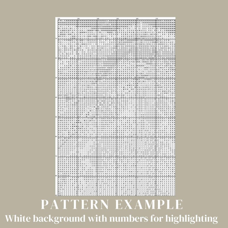 May include: A black and white cross stitch pattern with numbers for highlighting. The pattern is on a white background and includes a variety of symbols.