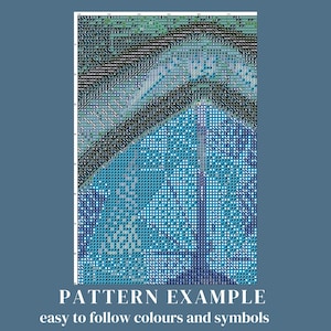 May include: A colorful cross-stitch pattern with a blue, green, and white color scheme. The pattern is easy to follow with numbered symbols.