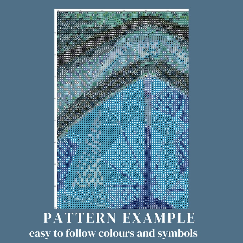 May include: A colorful cross-stitch pattern with a blue, green, and white color scheme. The pattern is easy to follow with numbered symbols.