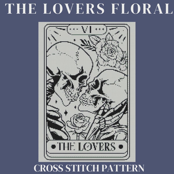 The Lovers Floral Skeleton Tarot Card Cross Stitch Pattern PDF Digital Download | Tarot Card Cross Stitch | Skeleton Cross Stitch | Floral