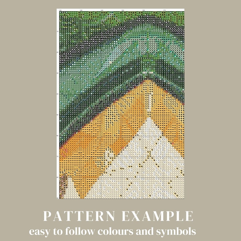 May include: A cross-stitch pattern with a geometric design featuring green, yellow, and white squares. The pattern is labeled "PATTERN EXAMPLE easy to follow colours and symbols".