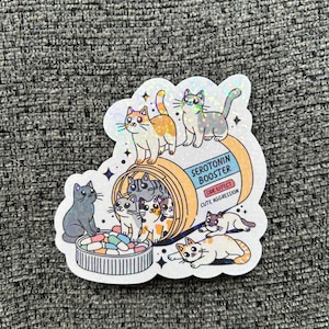 Cat Seratonin Rainbow Sticker - Cat Lover Sparkle Holographic Sticker | Cat Meds Sparkle Sticker | Cat Mom Sticker | Cute Aggression Sticker