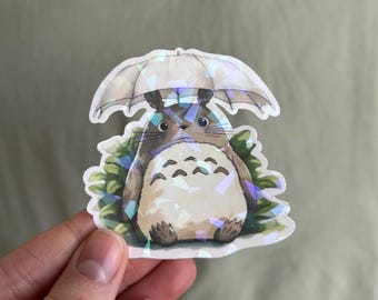 Pegatina de Totoro con paraguas y arcoíris - Pegatina inspirada en Ghibli / Criatura del bosque adorable / Pegatina estilo Ghibli / Criatura del bosque caprichosa