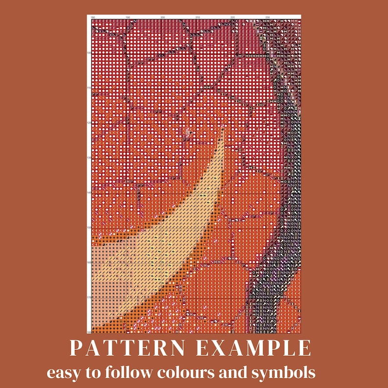 May include: A cross-stitch pattern with a colorful design of a tree with orange, red, and yellow leaves. The pattern is easy to follow with color symbols.