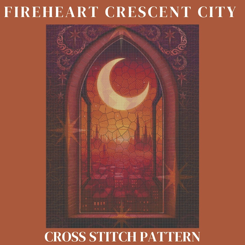 May include: Cross stitch pattern featuring a crescent moon in a stained glass window overlooking a city skyline. The moon is yellow and the city is red and orange. The window is framed in dark brown wood.