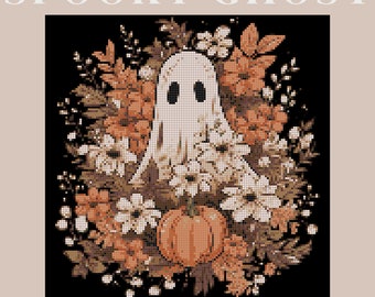 Halloween, motif point de croix, fantôme effrayant, citrouilles d'automne, feuilles d'automne, fleurs d'automne, téléchargement immédiat, motif PDF de point de croix, goules