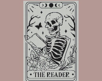 The Reader Skeleton Tarot Card Cross Stitch Pattern PDF Digital Download | Tarot Card Cross Stitch | Skeleton Cross Stitch | Skeleton Art