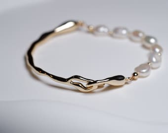 Bracciale con perle barocche e oro pieno, gioielli alla moda e alla moda - Italia