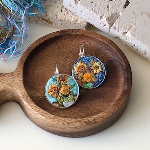 Embroidery Van Gogh Painting Sunflowers Dangled Earring