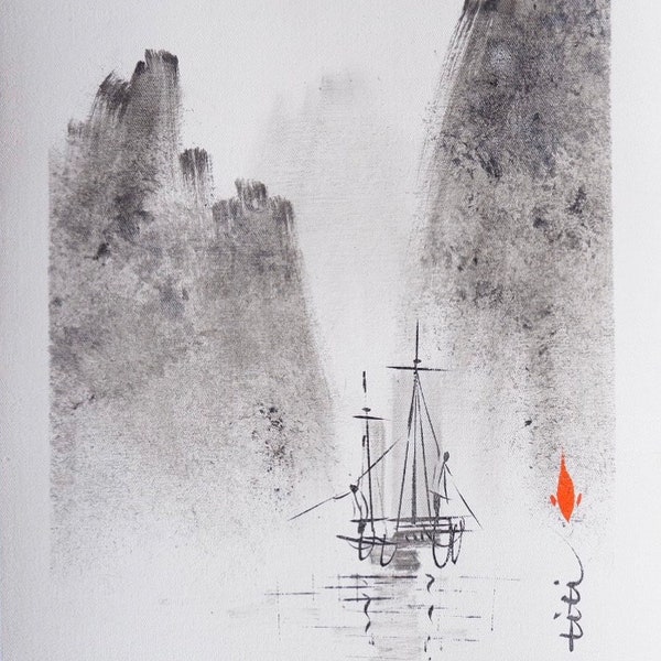 Oriental Abstract Landscape Painting, Chinese Ink and Water Painting, Original Chinese Art, Chinese Water Village Fishing Impression,