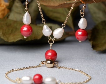 Handmade Original Red Cinnabar with Baroque Pearl Jewellery Set, Original Unique Earrings, Fashion and Stylish Jewellery