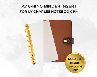 May include: A7 6-ring binder insert for LV Charles notebook PM. The set includes a gold-toned 6-ring metal mechanism and a brown textured notebook cover with a monogrammed snap closure. A gold circular badge reads DURABLE INSERT SMOOTH FIT.