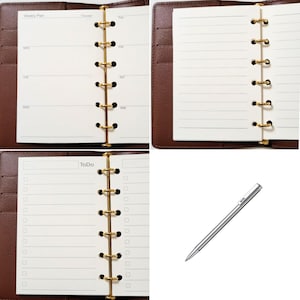May include: A brown leather-bound planner with gold-colored rings, open to reveal lined and blank pages. The planner includes a weekly plan and to-do list pages. A silver pen is also included.