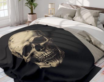 Fleece Blanket with Human Skull Design, Gothic Home Decor, Halloween Throw Blanket, Spooky Couch Cover, Creepy Bedroom Accessory, Unique