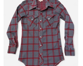 H Bar C Womens 70's Small Western Red Navy Houndstooth Long Tail Rockabilly
