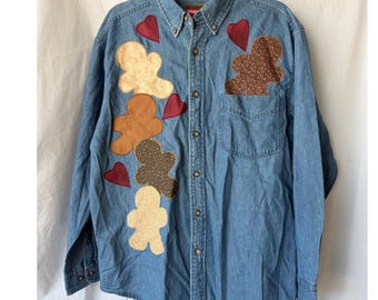Wrangler denim overhemd van 100% katoen blauw peperkoekhart vakantie patchwork medium