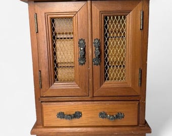 Vintage Music Jewelry Armoire Brown Wood Mesh Doors MCM Cottagecore Grandmacore