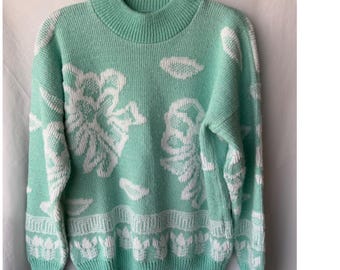 Vintage 80s 90s Just Knits Sweater Mint Green Silver Sparkle Metallic Large