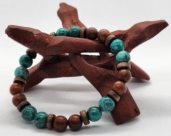 Natural Turquoise & Waxed Wood Bracelet: Handmade Crystal Bead Jewelry