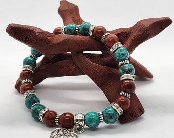 Turquoise & Red Jasper Beaded Bracelet with Heart Charm