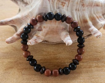 Shungite & Waxed Wood Beaded Bracelet: Handmade Spiritual Healing Crystal