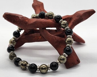 Handmade Pyrite & Obsidian Beaded Bracelet: Spiritual Healing Crystal