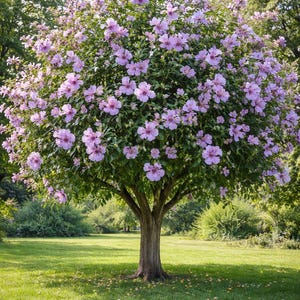 May include: A large tree with a rounded canopy filled with light purple flowers. The tree trunk is brown, and the tree is set in a grassy area with other trees in the background. The flowers are in full bloom.