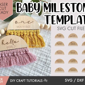 Macrame Baby Milestone SVG, Houten mijlpaal schijven, Baby Milestone schijven svg, laser gesneden bestanden, Maandelijkse mijlpaal svg, glowforge svg