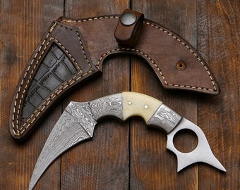 Hunting Knife Custom Made Hand Forged Damascus Steel Karambit Knife RK3a
