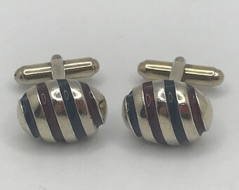 Great Pair of Silver-Gilt and Enamel (Red and Bluish Green) Striped Mid-Century Modern (MCM) Cufflinks, Circa 1960s