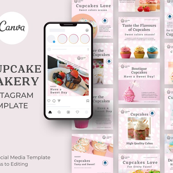 Cupcake Bakery Template Social Media Template | Cookies Instagram Templates | DIY Template | Canva template | Cake Pastry Template