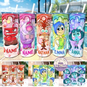 May include: Set of four colourful stainless steel tumblers with images of characters from the movie Inside Out. The tumblers have names on the bottom: "NAME", "NAME", "NATHAN", "EMMA", and "ANNA".