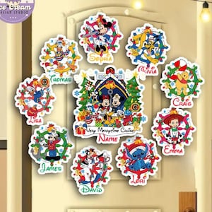 May include: A Christmas door decoration with a Mickey Mouse theme. The decoration features a circular design with various Disney characters, including Mickey Mouse, Minnie Mouse, Donald Duck, Goofy, and Winnie the Pooh. Each character is surrounded by a festive wreath with their name written below. The center of the decoration features a larger circular design with Mickey Mouse and Minnie Mouse standing in front of a Christmas tree and a ship. The text "Very Merrytime Cruise" and "Name" are written below the characters.
