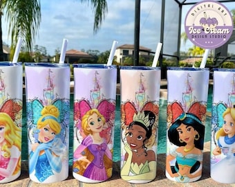 Personalized Watercolor Disney Princess Tumbler, Minnie Ears Castle Disney Girl Trip Group Cup, Women's Princess Birthday Girl Coffee Cup