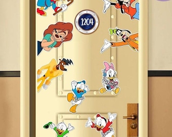 May include: A collection of cartoon character stickers, including Donald Duck, Scrooge McDuck, and Goofy, are affixed to a light-colored door. The stickers feature vibrant colors and various poses. A circular sign with the number 1204 is also present.