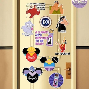 May include: A white door decorated with a variety of colourful stickers featuring characters and quotes from the Disney film The Emperor's New Groove. The stickers include Kuzco, Yzma, Kronk, and Pacha. The door also has a sticker with the text "No Touchy!" and a sticker with the number "1204".