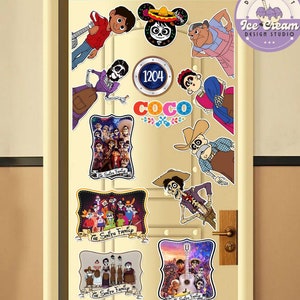 May include: A door decorated with various images from the Disney Pixar movie Coco. The door is painted a light yellow color and has a black door handle. The images include the characters Miguel, Hector, Dante, and Mama Imelda. The door also has a sign that says "1204" and "Coco".