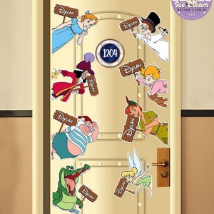 May include: A door decorated with cartoon character stickers from Peter Pan. Characters include Peter Pan, Tinkerbell, Captain Hook, and others, each holding a sign that says "Dylan". The door also has a circular sign with the number "1204".
