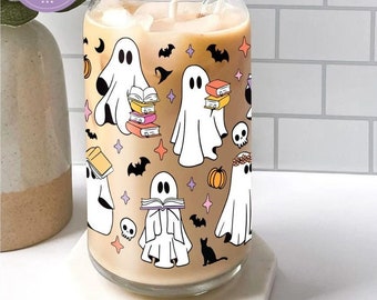 Halloween Ghost Reading Book Sipper Glass Tumbler, Librarian Bookworm Halloween Gift for Reader, Book Lovers Gifts Glass Can, Teacher Cup