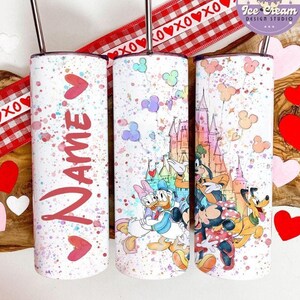 Personalized Watercolor Mickey and Friends Castle Disney Valentine Tumbler, Happy Valentine&#39;s Day 2025 Coffee Cup, Valentine Couple Gift Mug