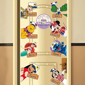 May include: A door decorated with colourful cartoon characters wearing sailor hats. Each character has a name tag with a name, including Patrick, Steven, Betty, Bobby, Theresa, and Bradley. The door is decorated with a purple circle with the text "Ice Cream Design Studio" in white.