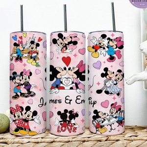 Personalized Watercolor Mickey Minnie Tumbler, Disney Happy Valentine&#39;s Day Tumbler, Disney Couples Trip Tumbler, Gift for Her Him