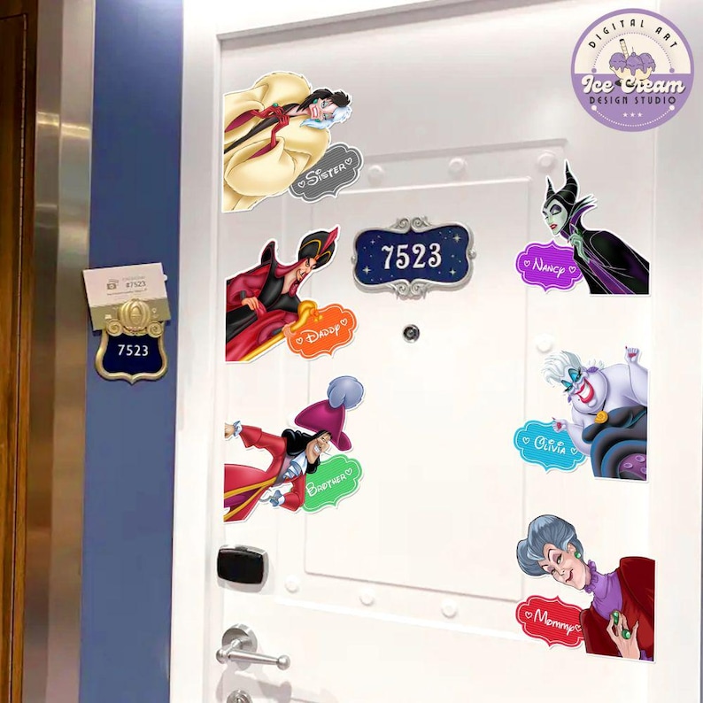 May include: A white door with a blue frame decorated with Disney villain characters. The characters include Maleficent, Ursula, Captain Hook, Cruella de Vil, and the Evil Queen. Each character has a name tag with a heart and the name of the character. The door also has a sign with the number 7523.